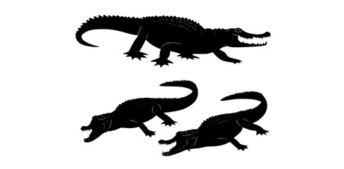 a set of three stylized illustrations of a crocodileanimal, black, crocodile, illustration, profile, reptile, stencil 