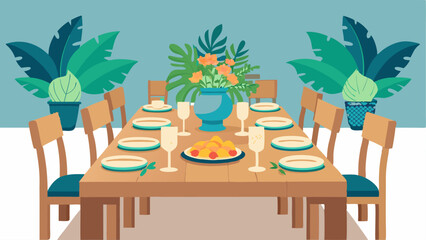 A dining room with a wooden table set for a tropical themed dinner party complete with rattan placemats and floral centerpieces.
