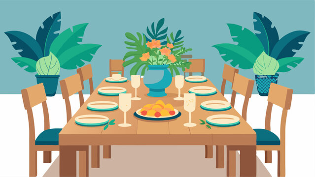 A dining room with a wooden table set for a tropical themed dinner party complete with rattan placemats and floral centerpieces.
