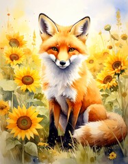 Fototapeta premium Fuchs zwischen Sonnenblumen