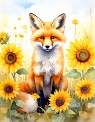 Fototapeta premium Fuchs zwischen Sonnenblumen
