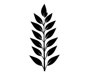 a black and white silhouette of a branch with leaves, black, branch, flower, icon, illustration, plant, profile, stem, twig, white 