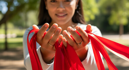 Smiling woman presents red awareness ribbons, hope and support for cause, charity event, fundraiser, show love and compassion for community