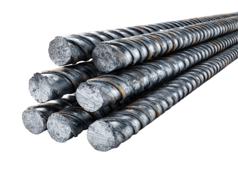 Stack of Ribbed Steel Rebars White Background