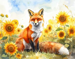 Fototapeta premium Fuchs zwischen Sonnenblumen