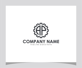 Modern line art logo template featuring the initials AP enclosed within a circular gear or cogwheel icon, symbolizing industry and technology
