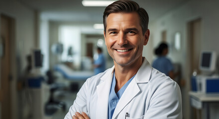 Smiling confident doctor ready to serve patients at modern hospital, showing expertise and compassionate medical service