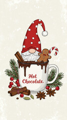 Festive winter hot chocolate mug design with cute bearded gnome, candy cane, and aromatic spices; perfect vector graphic for seasonal marketing materi