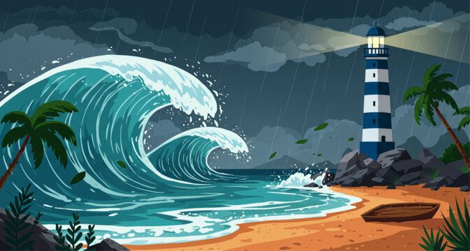 Stylized Illustration of a Huge Ocean Wave and Heavy Rain Storm Approaching a Coastal Lighthouse, suitable for environmental emergency brochures, insu
