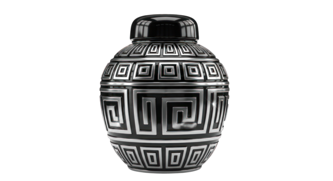Black and Silver Decorative Vase with Greek Key Pattern.