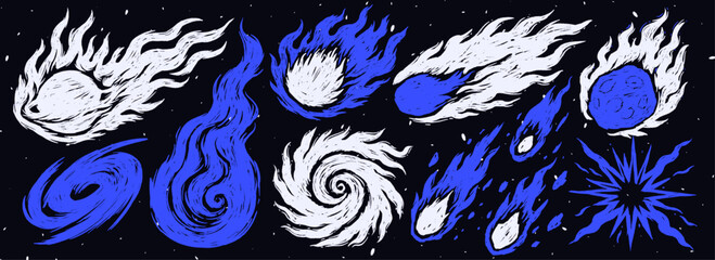 Hand-drawn set of space elements. Meteorite, planet, galaxy, comet. Trendy illustration in chalk sketch style. © Alina Kolyuka