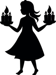 Little girl with a candle silhouette in a stylish retro fashion dress at a holiday celebration party