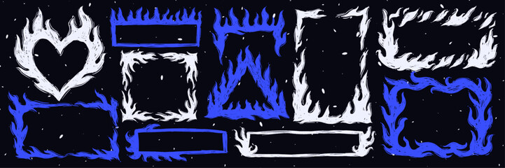 Hand drawn doodle frames with fire flames set in sketch scribble crayon style, Decorative borders outline illustration isolated. © Alina Kolyuka