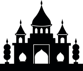 Vector silhouette illustration of mosque architecture building with dome and tower