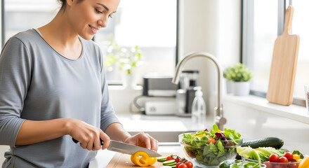 Smiling woman preparing fresh salad with bell peppers in bright kitchen for healthy eating and nutrition, food preparation concept