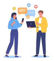 Two young people man and woman working together setting up social media and communication