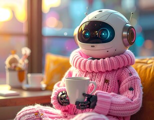 Cute Robot Enjoying a Coffee Break in a Cozy Pink Sweater