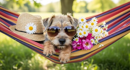 Cool Dog Relaxing in Hammock With Flowers and Sun Hat