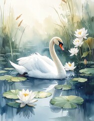 Obraz premium Schwan auf Teich mit Seerosen