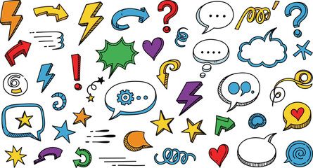 Colorful comic-style design elements, speech bubbles, arrows, stars, lightning bolts, hearts, gears, balloons, abstract shapes, graphic symbols, illustration