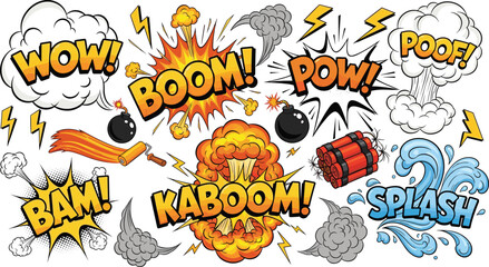 Obraz premium Comic-style explosion icons, WOW BOOM POW bursts, lightning bolts, smoke clouds, dynamic action symbols, graphic design, colorful impact expressions