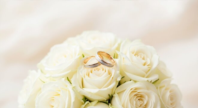 Two elegant wedding rings resting on a pristine bouquet of white roses. Symbolizes love, marriage, commitment, and union for bridal services and jewelry stores