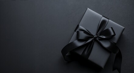 Elegant black gift box with a black satin ribbon and bow on a dark black background. Represents luxury, mystery, and exclusive gifting occasions