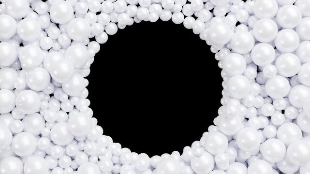 Abstract white spheres fall and fill the screen in a minimalist black-and-white style, leaving a transparent circle in the center for logo or text. 4K animation with alpha channel, ideal for intros.