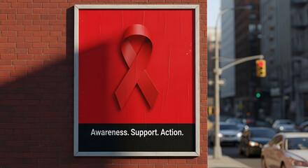 Red ribbon campaign poster on brick wall promoting HIV AIDS awareness, support, action for global health initiative in city