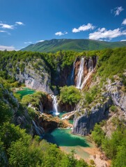 Obraz premium Majestic waterfalls cascade into turquoise lakes amidst lush greenery, mountains in back