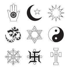 Collection of nine religious and spiritual symbols in black and white line art on a white background