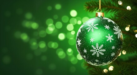 Green christmas ornament with white snowflakes and a gold cap hanging from a pine branch against a blurred green bokeh background. Evokes winter holidays and festive decor