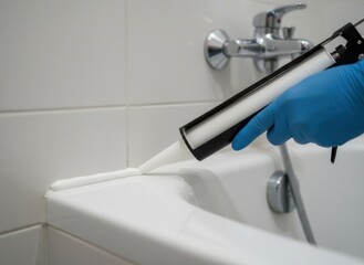 Gloved hand applies caulk with a sealing gun to bathtub edge during bathroom renovation