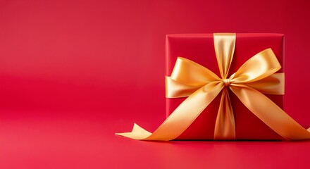 Red gift box with a gold satin ribbon and bow on a vibrant red background. Evokes christmas, birthdays, and festive gifting for special celebrations