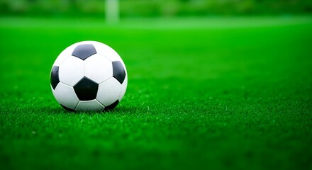 Fototapeta premium Soccer ball on green grass with a blurred background. Represents the energy of sports, a game, and fitness activities for football league promotions