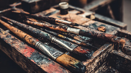 Close-up of various used paintbrushes resting on a cluttered wooden palette, showcasing vibrant paint remnants and artistic tools.