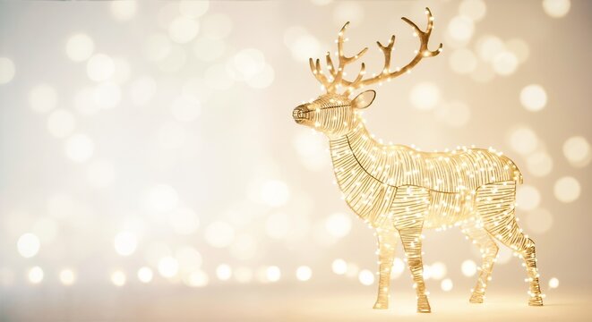 Decorative reindeer figurine made of string lights on a glittery surface with blurred golden bokeh lights. Evokes christmas, winter holidays, and festive home decoration sales