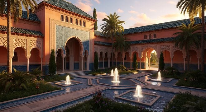 Moroccan Architecture Courtyard Design Islamic Garden Fountains Water Features Tranquil Landscape Architectural Design Middle Eastern Design Cultural Heritage Building Exterior Travel Destination
