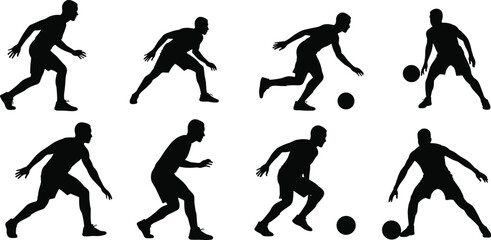 Set of Black Basketball Player Silhouettes in Various Dribbling and Defensive Poses for Sports, Game, and Athlete Graphic Design Concepts