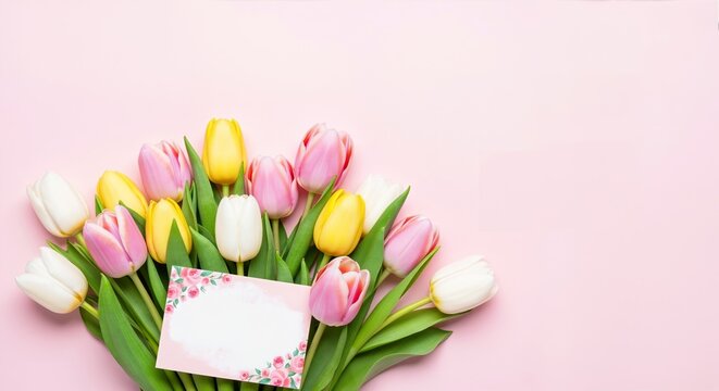 Bouquet of pink, yellow, and white tulips with a blank greeting card adorned with a pink ribbon design on a soft pink background. Evokes spring, appreciation, mother's day, and special celebrations - Powered by Adobe