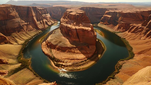 A stunning view of horseshoe bend in arizona, showcasing the colorado river winding through the canyons red rock formations on a sunny day