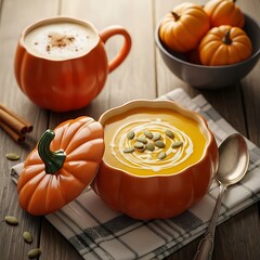 Cozy Autumn Scene: Pumpkin Soup, Spice Latte and Pumpkins