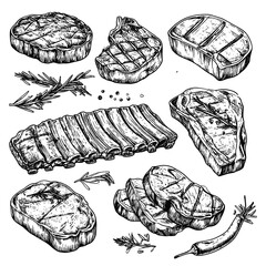 Fototapeta premium A grayscale illustration showcasing assorted grilled meat cuts with herbs and spices. Depicting a variety of cuts, meticulously detailed