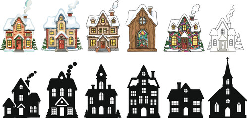 Set of Christmas Village Houses and Winter Town Silhouettes, Cozy Decorated Cottages Vector Illustrations for Holiday