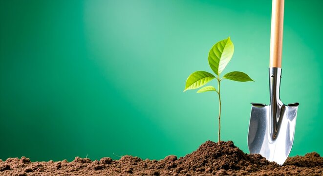 Small green plant in soil next to a shovel with a wooden handle on a green background. Symbolizes gardening, growth, and environmental sustainability efforts