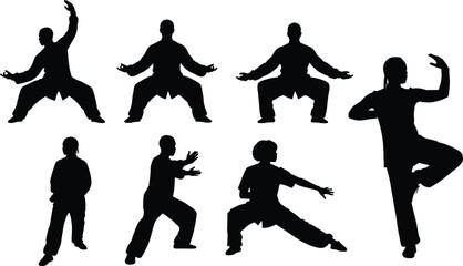 Set of Tai Chi and Martial Arts Silhouettes in Various Poses, Representing Health, Meditation, Balance, and Traditional Chinese Exercise