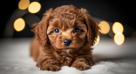 Adorable Cavapoo Puppy Portrait with Bokeh Lights Background