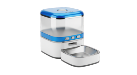 Automatic Pet Feeder with Blue Accents and Stainless Steel Bowl.