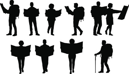 Travelers map reading silhouettes set, tourists and hikers, finding directions, navigation, vector illustration collection