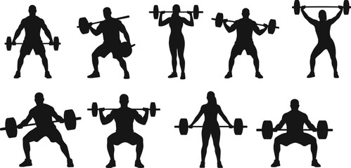 Weightlifting silhouettes set, people performing barbell squats, fitness, power training, cross training, vector illustration collection